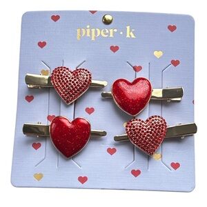 Piper K Set Of 4 Red Enamel And Rhinestone Heart Hair Clips Barrettes New
